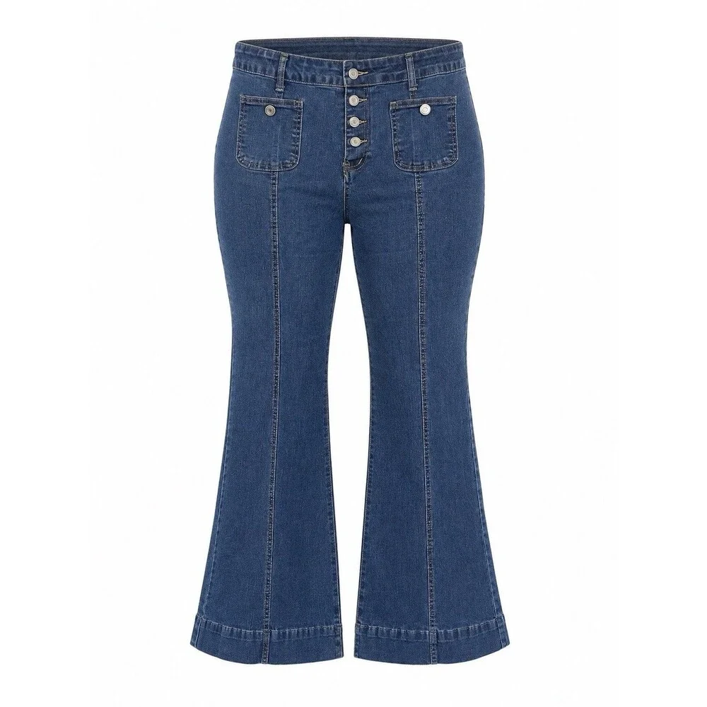Women’s High Rise Button Fly Flare Jeans Dark Wash Patch Pocket Boho Retro 34x29